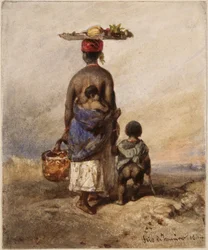 An Afro-Brazilian Woman Seen from the Back with Two Small Children