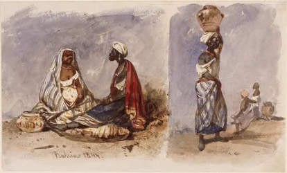Two scenes with female street vendors from Bahia, seated and standing