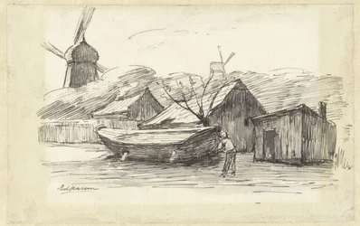 Boat, Houses and a Windmill