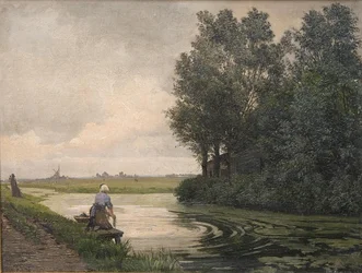Dutch Landscape, A Girl Washing by a Canal
