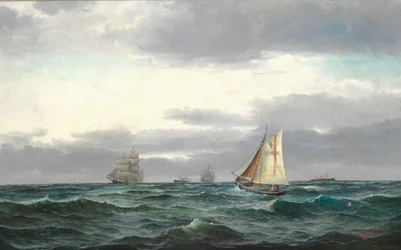 Marine with Several Ships, Gray Rainy Clouds and a Bit of Blue Sky