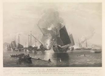 The Hon. E.I. Co. Iron Steam Ship Nemesis, with boats of Sulphur, Calliope, Larne and Starling, destroying the Chinese War Junks, in Anson