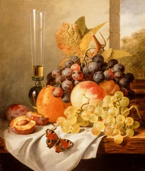 Fruit on a Draped Ledge with a Red Admiral