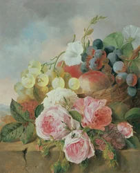 Still life of fruit and roses on a ledge