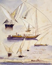 Studies of various Egyptian boats near Deir Kadige and a view of the banks of the Nile with a mosque