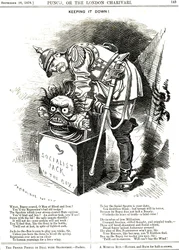 Keeping It Down. Otto von Bismarck (1815-1898) Germany Chancellor, Trying to Force the Jack of Socialism Back in His Box. Cartoon by Edward Linley Sambourne
