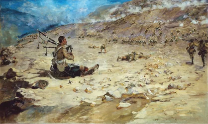 Piper George Findlater of the Gordon Highlanders earning the Victoria Cross at Dargai in 1897