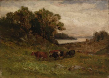 Five Cows Grazing with Trees and River in Background