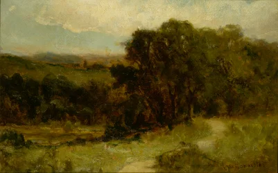 Untitled (landscape with road near stream and trees)