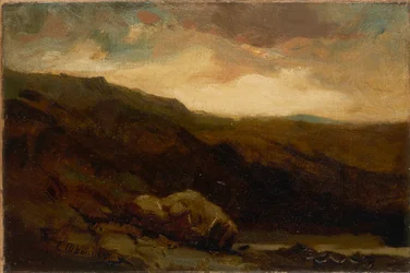 Untitled (mountainous landscape with rock and stream in foreground)