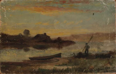 Untitled landscape, boat moored near bank with man walking, 1896.
