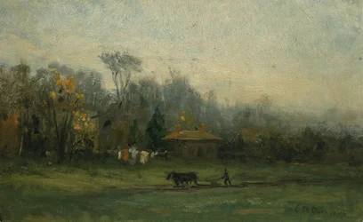 Untitled landscape with man plowing fields, n.d.