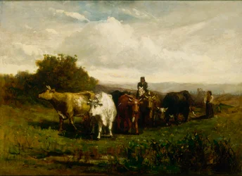 Untitled Man on Horseback, Woman on Foot Driving Cattle