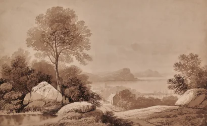 Landscape with lake and cottage