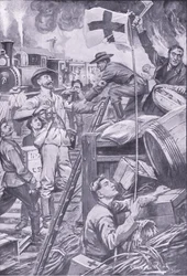 Bogus ambulancemen destroying stores at Komati Foort under cover of the Red Cross flag (illustration from After Pretoria: The Guerilla War, 1902)