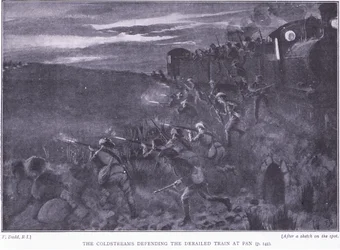 The Coldstreams defending a derailed train (illustration from After Pretoria: The Guerilla War, 1902)