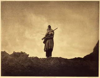 The sheep-sheep hunter, Sioux. Mountain sheep, grazing in the most inaccessible parts of the Bad Lands, were sought only by the most daring hunters. Photo taken from volume 3 of Edward S. Curtis