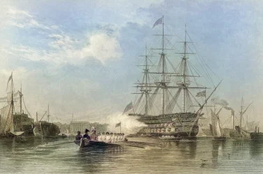 British Navy Flagship Saluting in Gosford Harbour