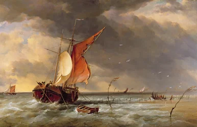 A Dutch Galliot Aground on a Sandbank on the Biesbosch, Holland, 1878