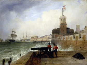 The Semaphore Tower at the entrance to the port of Portsmouth, with two soldiers sitting on the wall next to a cannon