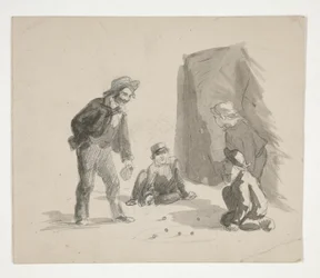 Four Boys Playing Marbles (Recto); Unidentified Illustration of Boy at Easel in Interior (Verso)