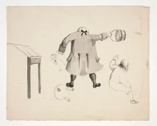 Man Swinging Bucket at Two Boys (recto); Two Men Behind a Wall (verso)