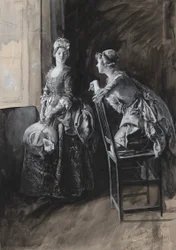 Miss Neville and Miss Hardcastle, illustration for Oliver Goldsmith
