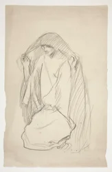 Sketch of a Cloaked Female Figure in Prayer for Three Marys at the Cross