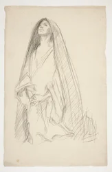Sketch of a cloaked female figure in prayer for Three Marys at the Cross