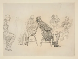 Sketch of a Couple Playing a Game, Surrounded by Onlookers, in an Interior