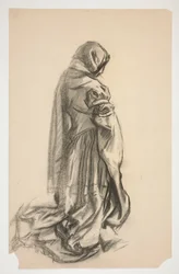Sketch of a Kneeling Female Figure in Pink Dress for Galahad the Deliverer, One of the Holy Grail Murals at the Boston Public Library