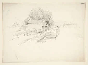 Sketch of a Pier, with Fishing Boat and Dockside Store
