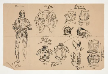 Sketches of Armor, with Prices in British Pounds Below Each Item