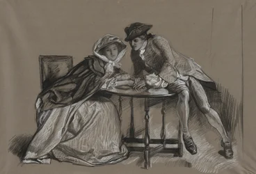 Study. Lady and Gentleman in Conversation Across a Table