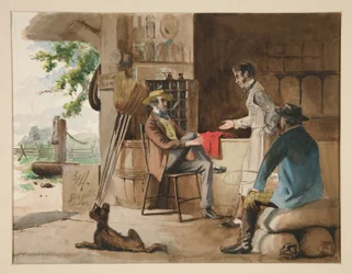 Three men in a dry-goods store - country store, Dolbyville