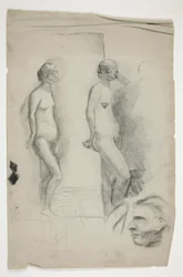 Two sketches of a nude model and one man