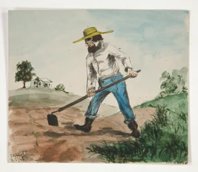 Unidentified Illustration of a Man Hoeing a Garden (recto); Three Figure Studies (verso)