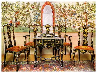Black lacquer settee, chairs and table and red lacquer mirror