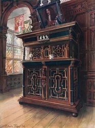 A Cabinet of Oak and Walnut, with Ebony Panels and Columns, Inlaid with Rosewood and Ivory Engraved