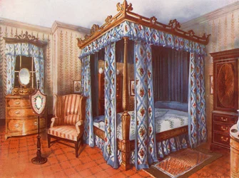 A Hepplewhite Bedroom. Chintz-Curtained Inlaid Satinwood Bed. Inlaid Satinwood Dressing Chest and Mahogany Wardrobe