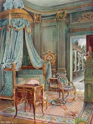 Carved and Gilt Draped Domed Bed. Bureau-Toilette (Or Petit Secretaire) in Marqueterie. Cartonnier in Green Lacquer