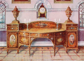 Painted and Inlaid Satinwood Sideboard. Mahogany Bracket Clock