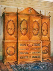 Satinwood Wardrobe, Inlaid with Tulipwood, Harewood, Holly, Ebony, Mahogany, and Other Woods