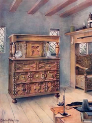 The Putnam Cupboard of English Oak and Cedar. Carved Settle of American Oak
