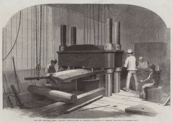 The New Iron-Clad Fleet, bending Armour-Plates by Hydraulic Pressure at Chatham Dockyard