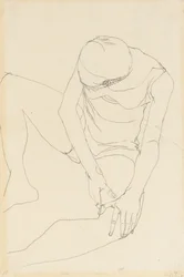 Female Nude Bent Forward, Both Hands on the Left Thigh
