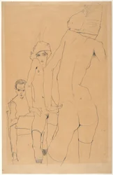 Schiele with Nude Model Before the Mirror