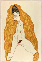 Standing Nude with Spread Legs and Yellow-Brown Drapery