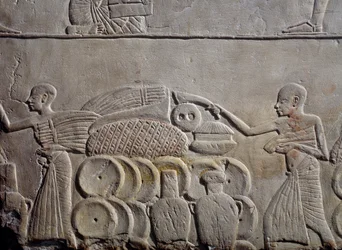 Arrangement of food in warehouses, limestone wall relief, from Memphite Tomb of Horemheb at Saqqara, New Kingdom, Dynasty XVIII