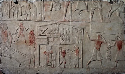 Arrangement of food in warehouses, limestone wall relief, from Memphite Tomb of Horemheb at Saqqara, Egyptian Civilization, New Kingdom, Dynasty XVIII